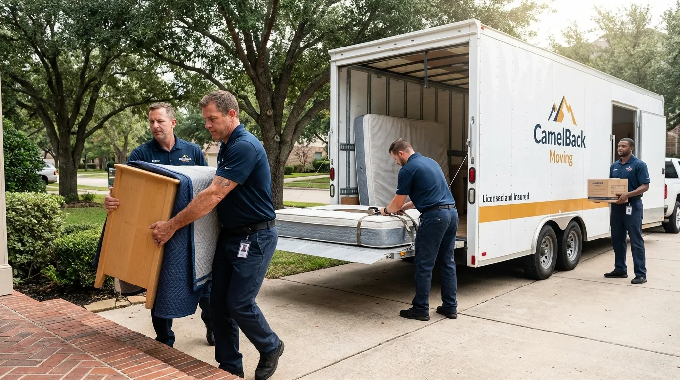 Crew loading residential truck for cross-state move from College Station, TX