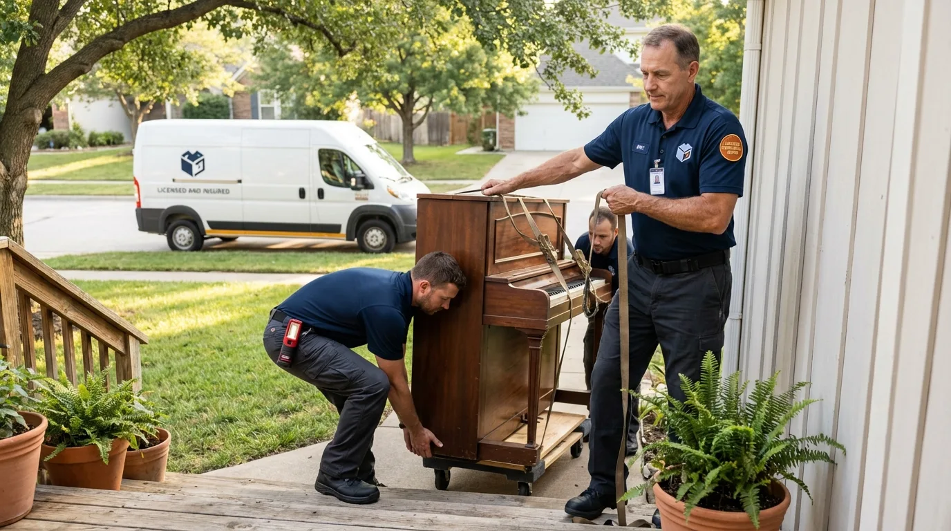 Licensed piano movers securing grand piano in College Station, TX