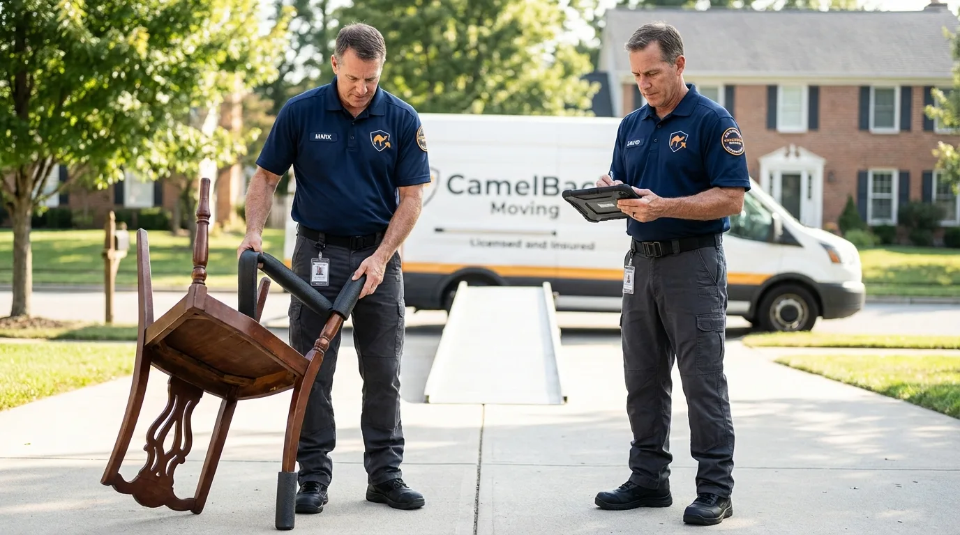Movers inspecting furniture for damage prevention before loading in College Station, TX
