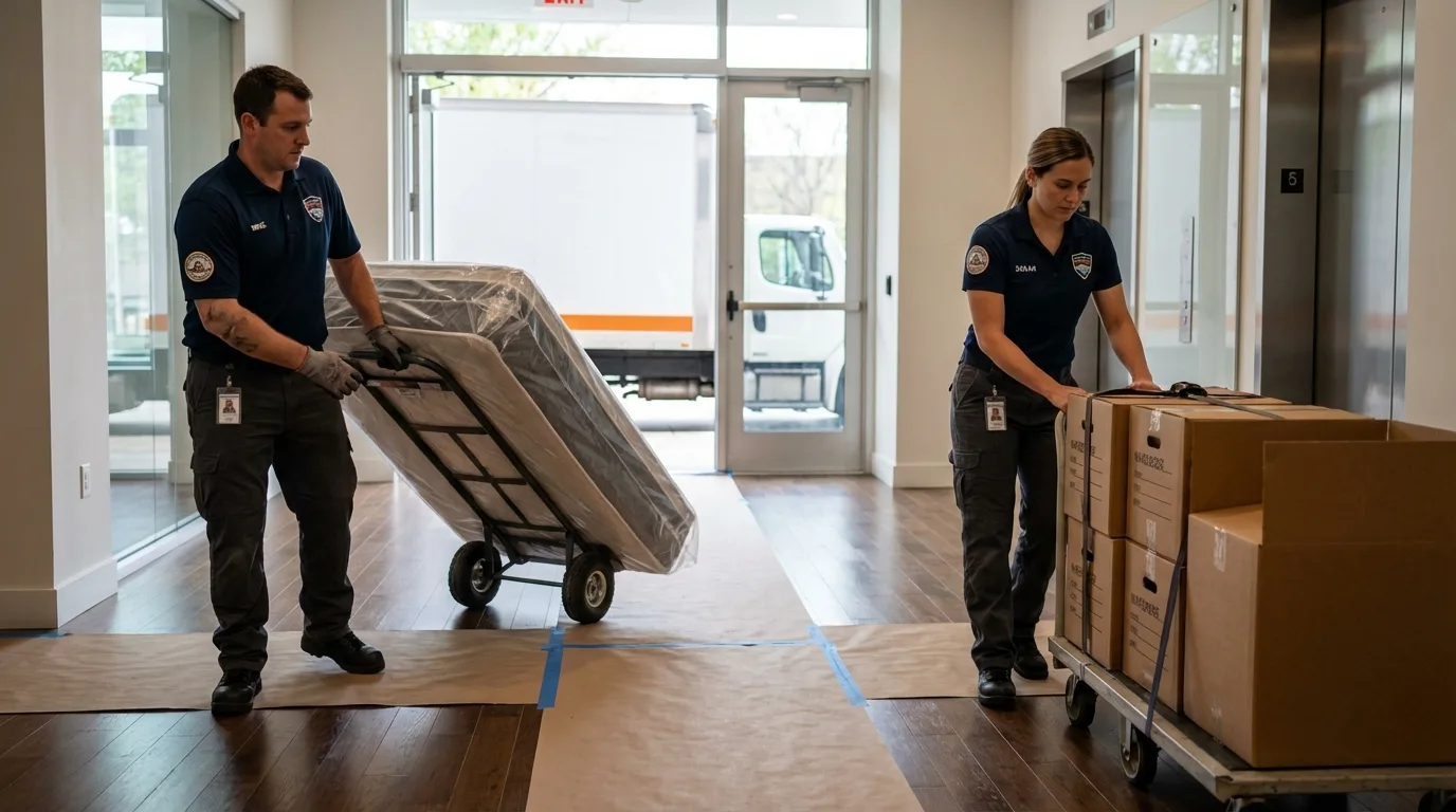 Professional apartment movers loading elevator in College Station, TX